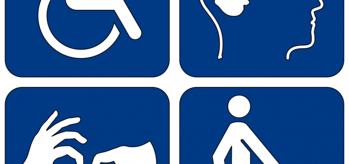 4 symbols: persons in a wheelchair, walking with a symbol cane, hands in signing motion, and a side view of a brain inside a human head.