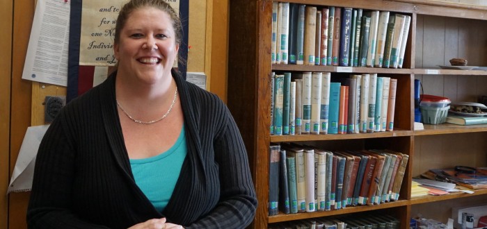 Jenn Tirado in the EJ Cottrell Memorial Library circulation area