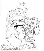 Line drawing illustration by Justin Hubbell of Xandi DiMatteo holding comics for Xandi's Corner with heart