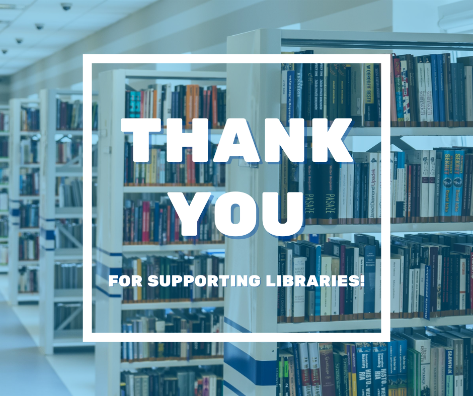 thank you for supporting NYS libraries text in white over image of library shelves