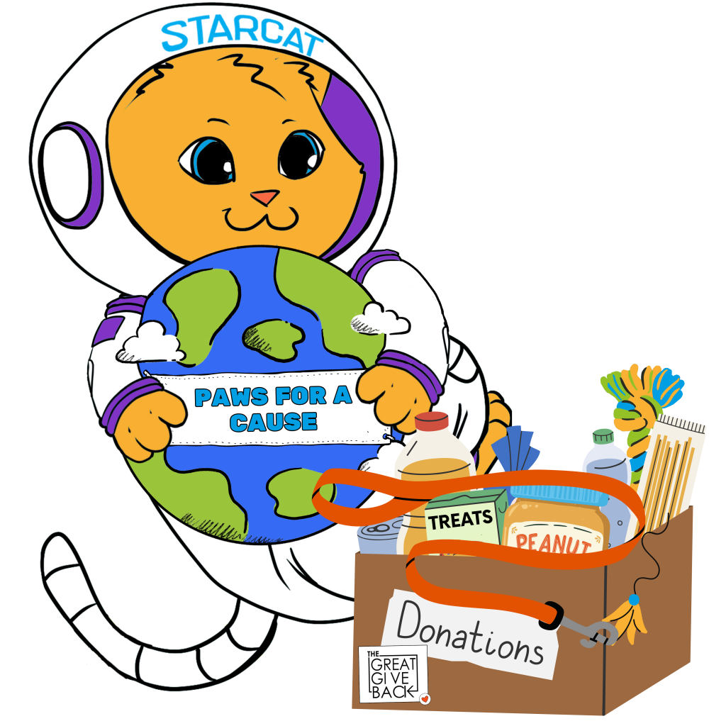 STARCat orange cat wearing a space suit holding the earth with a sign that reads Paws for a Cause. The cat is hovering in space over a cardboard box of donations for shelter animals. 